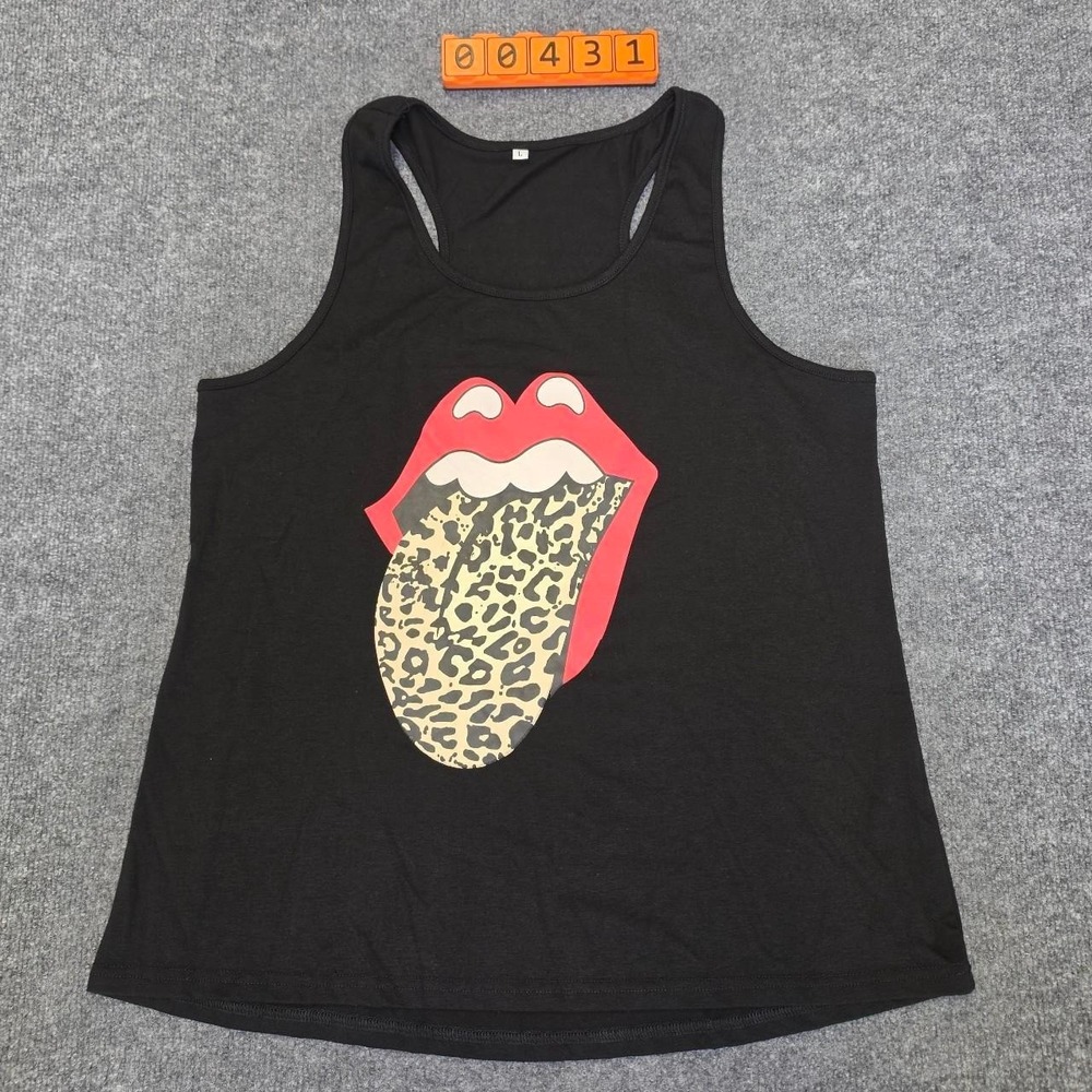 Black Rolling Stones leopard print tank top with red lips graphic, size L.